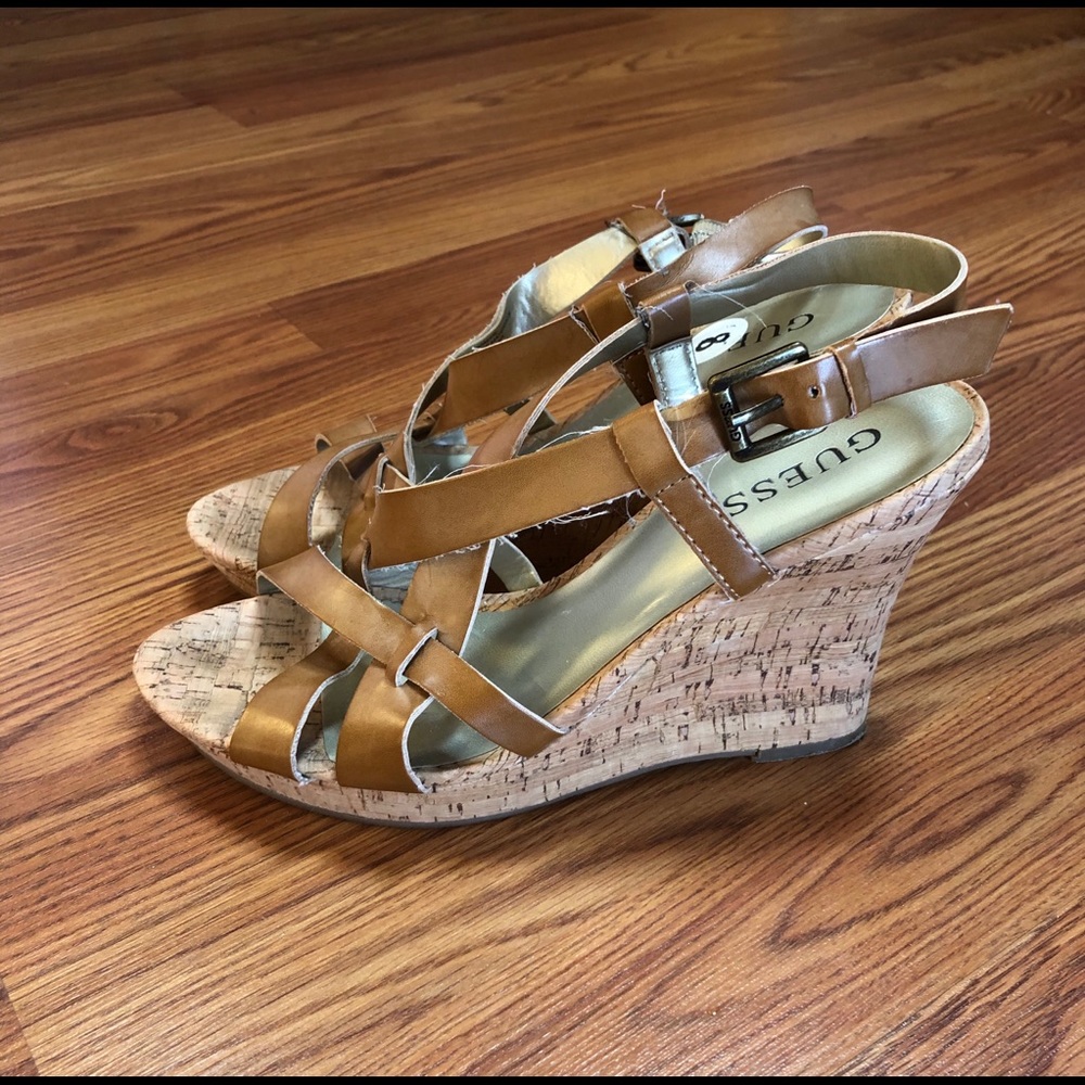 GUESS Light Brown/Tan Strappy Cork Wedge Sandals Size 8 - Picture 3 of 11